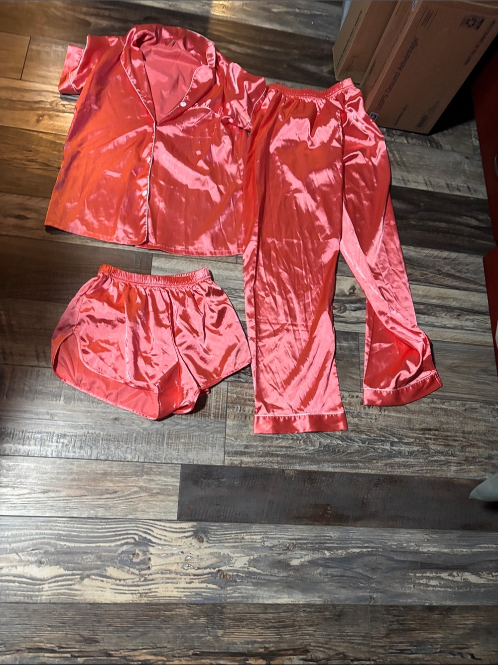Satin 3-Piece Pajama Set in Coral#6 P2P 18, waist 15, inseam 29, rise10